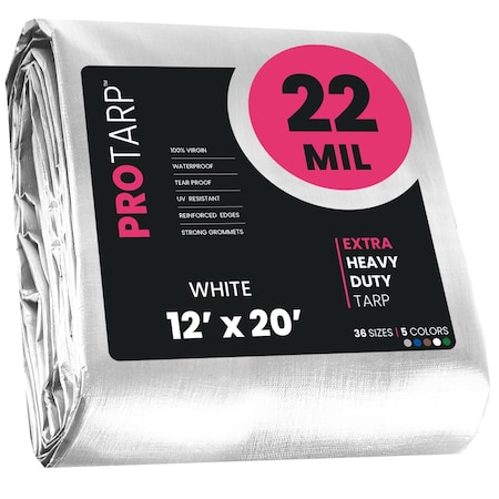 Protarp Heavy Duty Tarp, 12 ft x 20 ft, 22 Mil, White, Polyethylene, Waterproof, Rip and Tear Proof PT-204-12X20